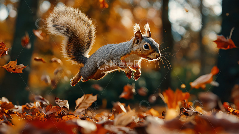 高清大图下载【趣麦麦图】秋叶中跳跃的松鼠