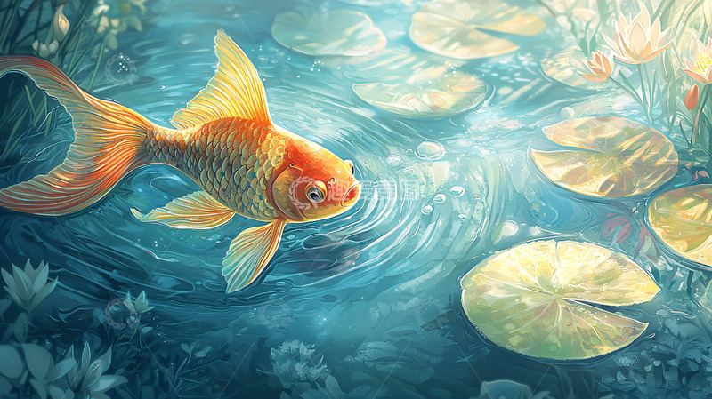 高清大图下载【趣麦麦图】金鱼在荷塘里畅游