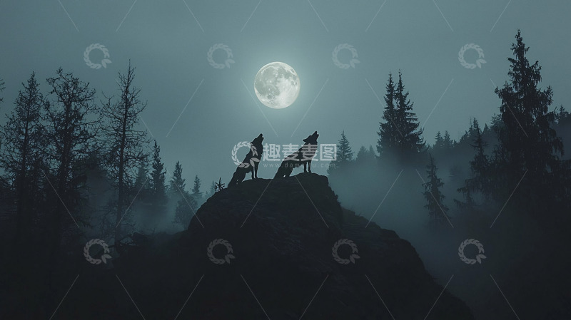 高清大图下载【趣麦麦图】月夜狼嚎山林剪影