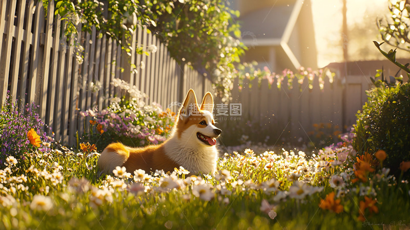 高清大图下载【趣麦麦图】阳光下花园里一只柯基犬