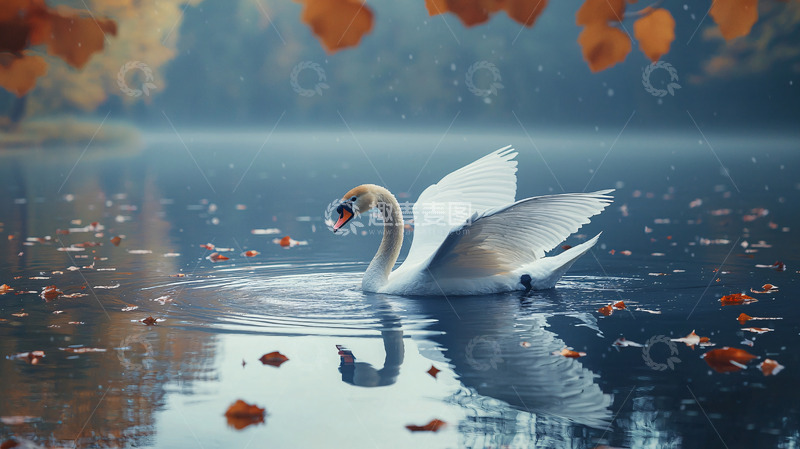 高清大图下载【趣麦麦图】秋日湖面优雅天鹅