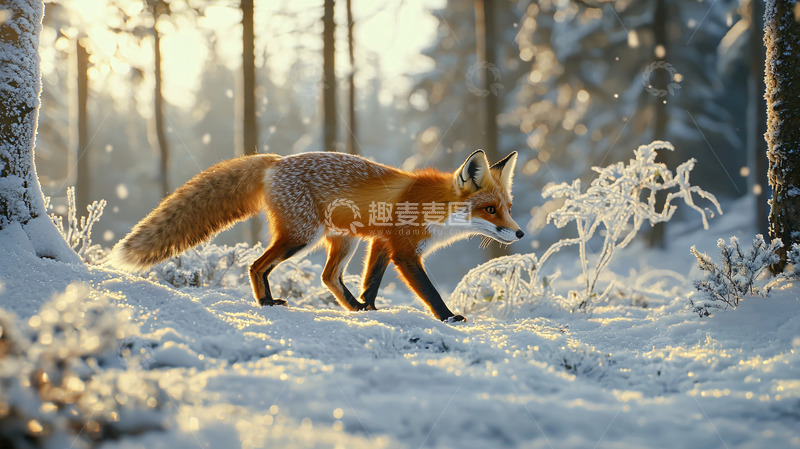 高清大图下载【趣麦麦图】冬日森林里的一只红狐
