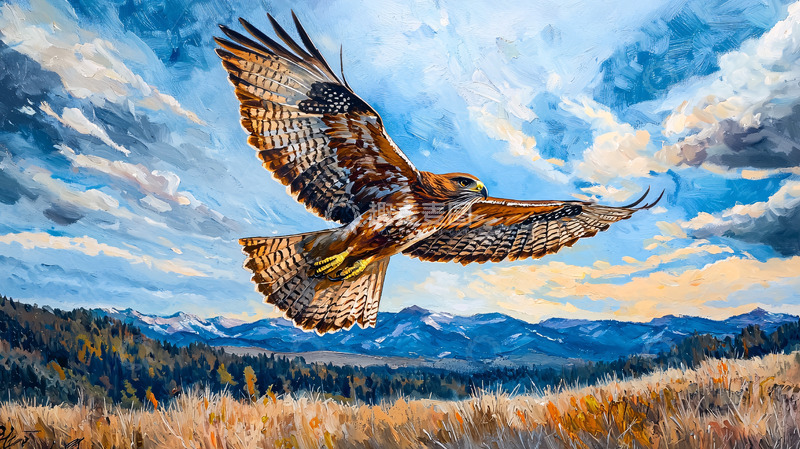 高清大图下载【趣麦麦图】红尾鹰翱翔于山峦之上