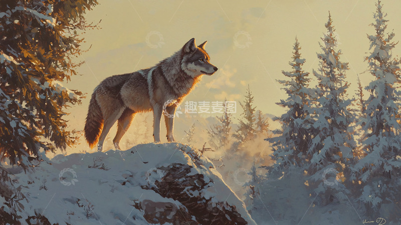 高清大图下载【趣麦麦图】夕阳下的孤狼雪山