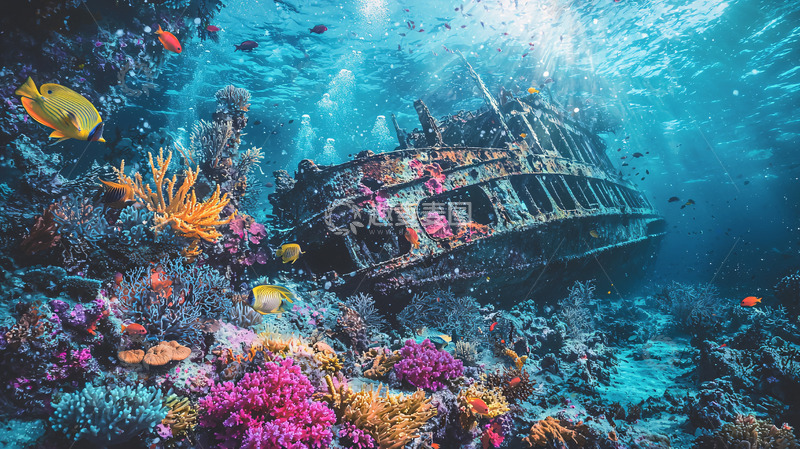 高清大图下载【趣麦麦图】沉船珊瑚礁海洋生态