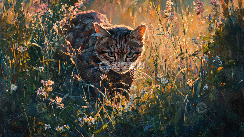 高清大图下载【趣麦麦图】夕阳下田野里的猫咪