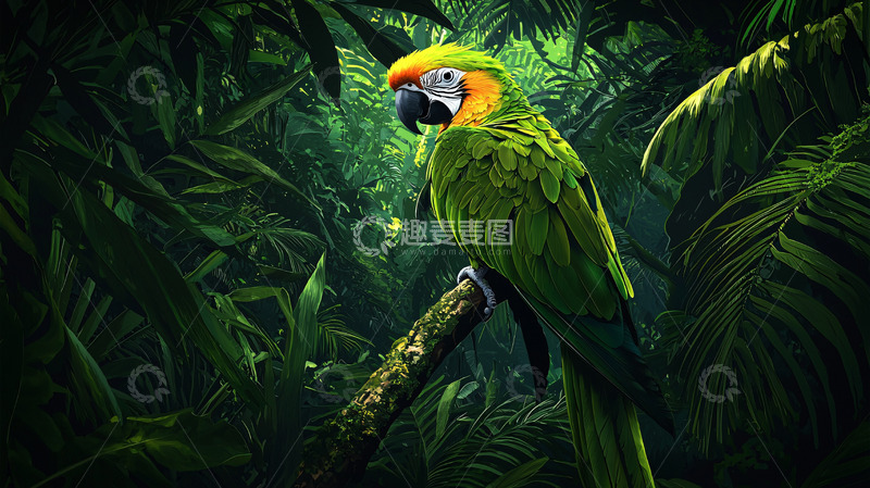 高清大图下载【趣麦麦图】绿鹦鹉栖息于热带雨林
