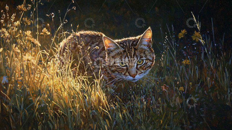 高清大图下载【趣麦麦图】夕阳下猫在草丛中