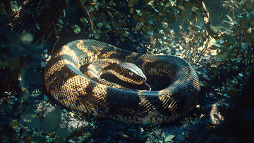 蟒蛇蜷缩在阴暗的树丛中