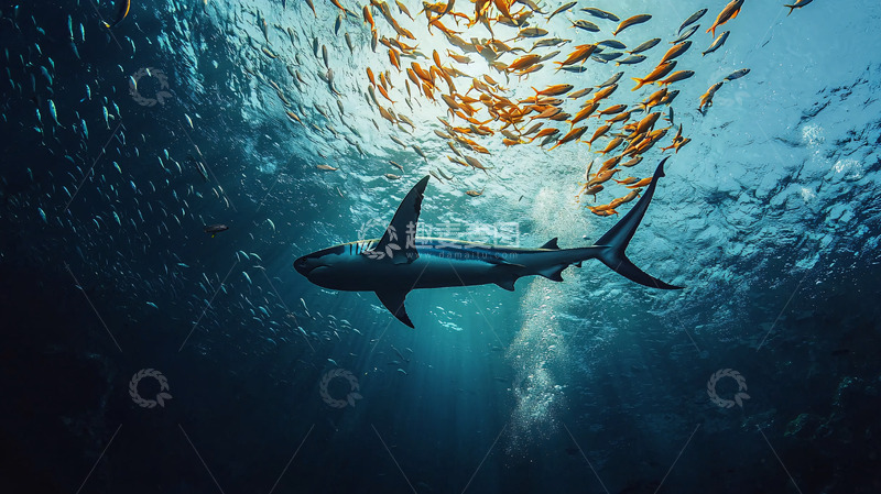 高清大图下载【趣麦麦图】鲨鱼追逐鱼群