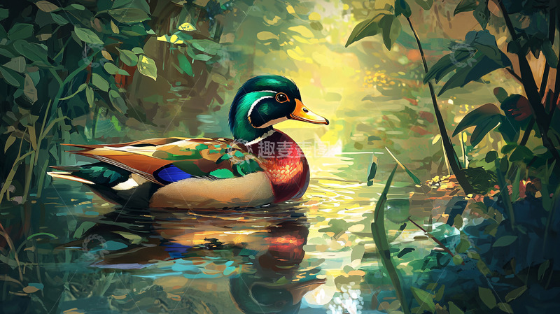 高清大图下载【趣麦麦图】绿头鸭在森林溪流中