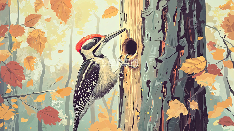 高清大图下载【趣麦麦图】秋季树洞啄木鸟