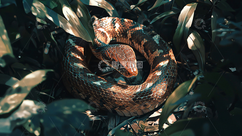 高清大图下载【趣麦麦图】蛇在绿叶丛中蜷缩