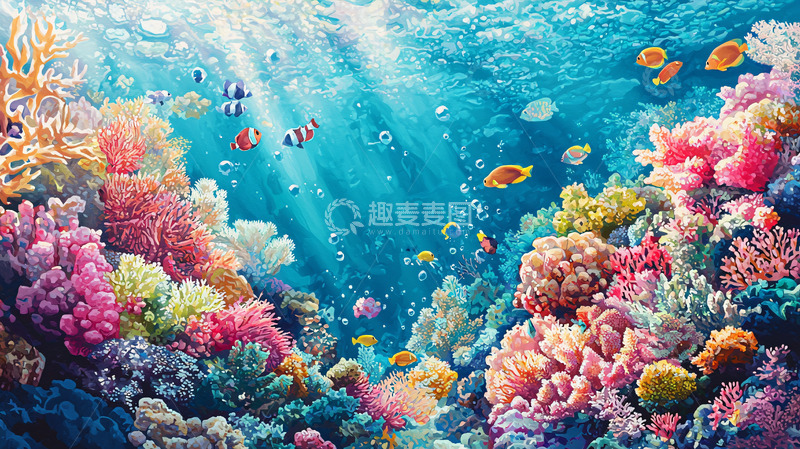 高清大图下载【趣麦麦图】阳光透过海水照射珊瑚礁