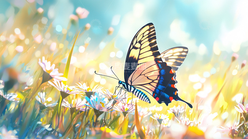 高清大图下载【趣麦麦图】阳光下花丛中的蝴蝶