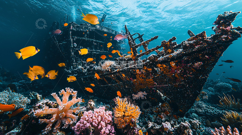 高清大图下载【趣麦麦图】沉船残骸海底珊瑚礁鱼群