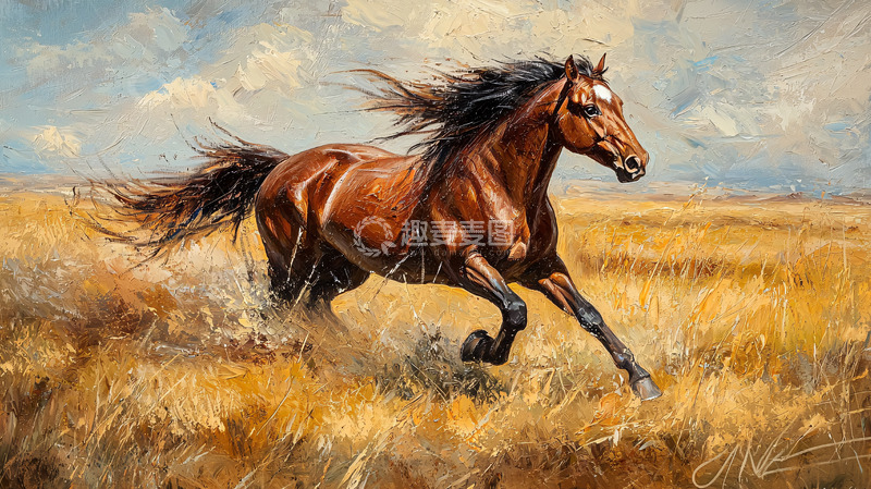 高清大图下载【趣麦麦图】奔腾的棕马麦田油画