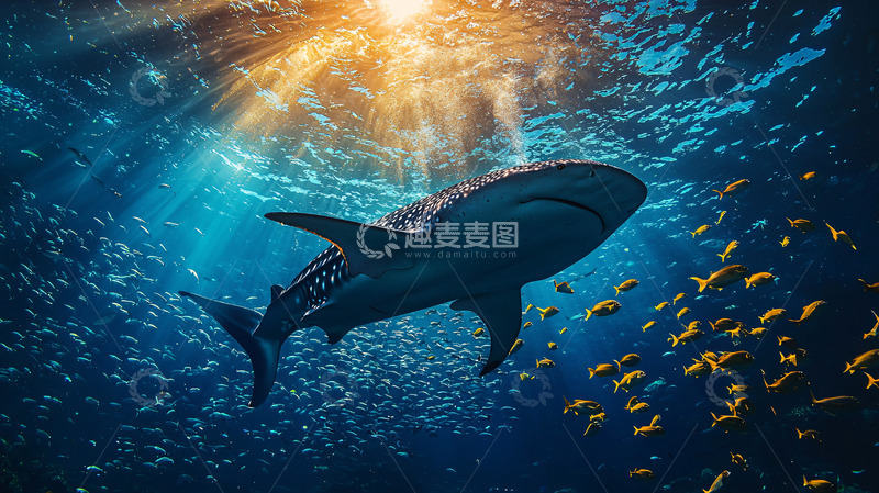 高清大图下载【趣麦麦图】阳光透过水面照射鲸鲨