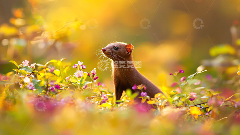 高清大图下载【趣麦麦图】黄昏花丛中一只貂