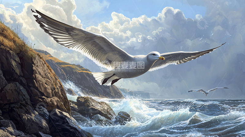 高清大图下载【趣麦麦图】海鸥飞翔岩石海岸