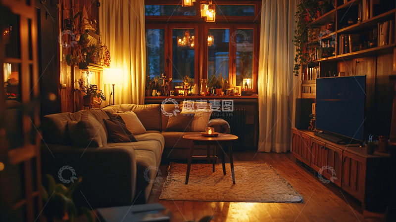 高清大图下载【趣麦麦图】温暖舒适的客厅夜景