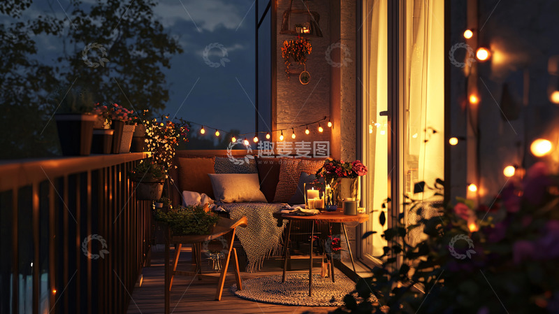 高清大图下载【趣麦麦图】夜晚阳台温馨场景