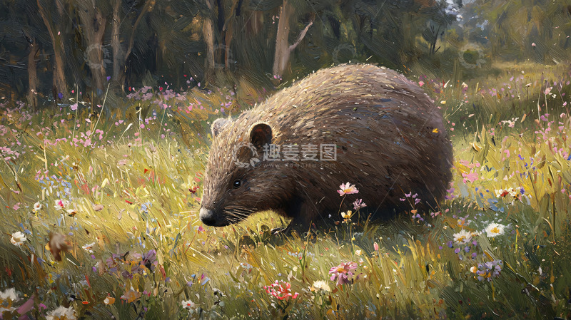 高清大图下载【趣麦麦图】草地上的毛茸茸的袋熊