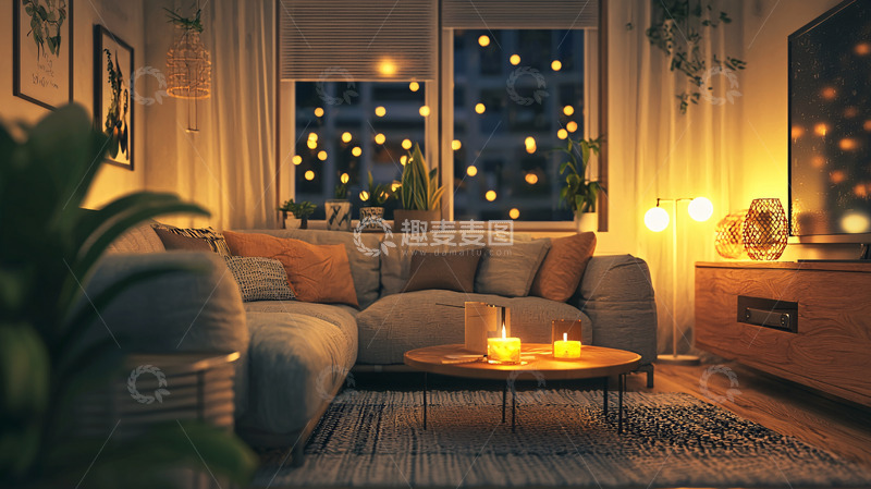 高清大图下载【趣麦麦图】温馨舒适的客厅夜景