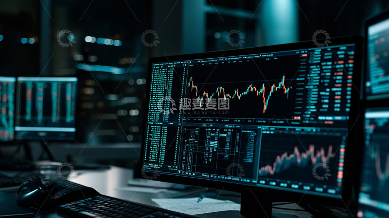高清大图下载【趣麦麦图】黑暗背景下的多屏幕金融数据