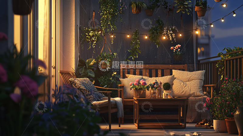 高清大图下载【趣麦麦图】-夜晚阳台花园