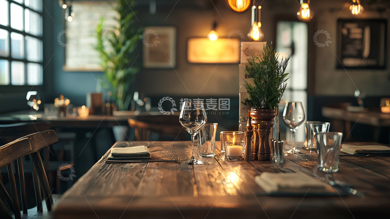 高清大图下载【趣麦麦图】昏暗灯光下的木质餐桌