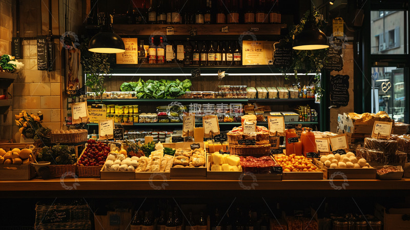 高清大图下载【趣麦麦图】温暖灯光下的农产品货架