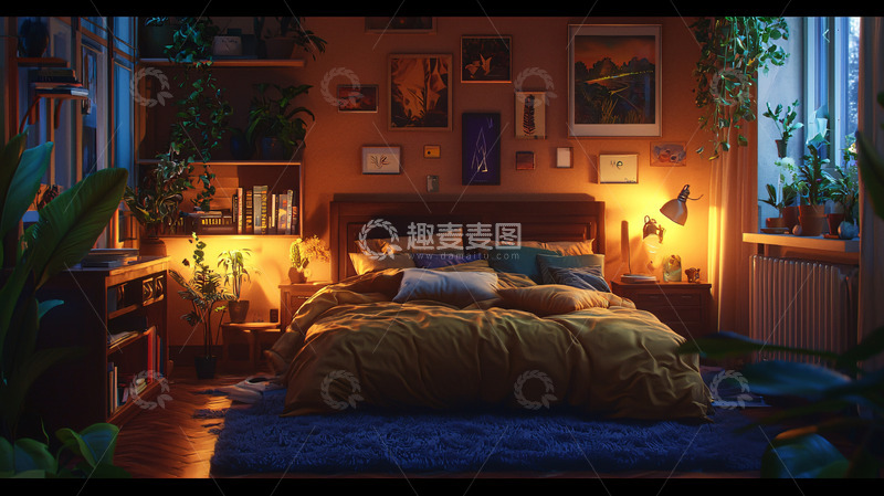 高清大图下载【趣麦麦图】温馨舒适卧室夜景