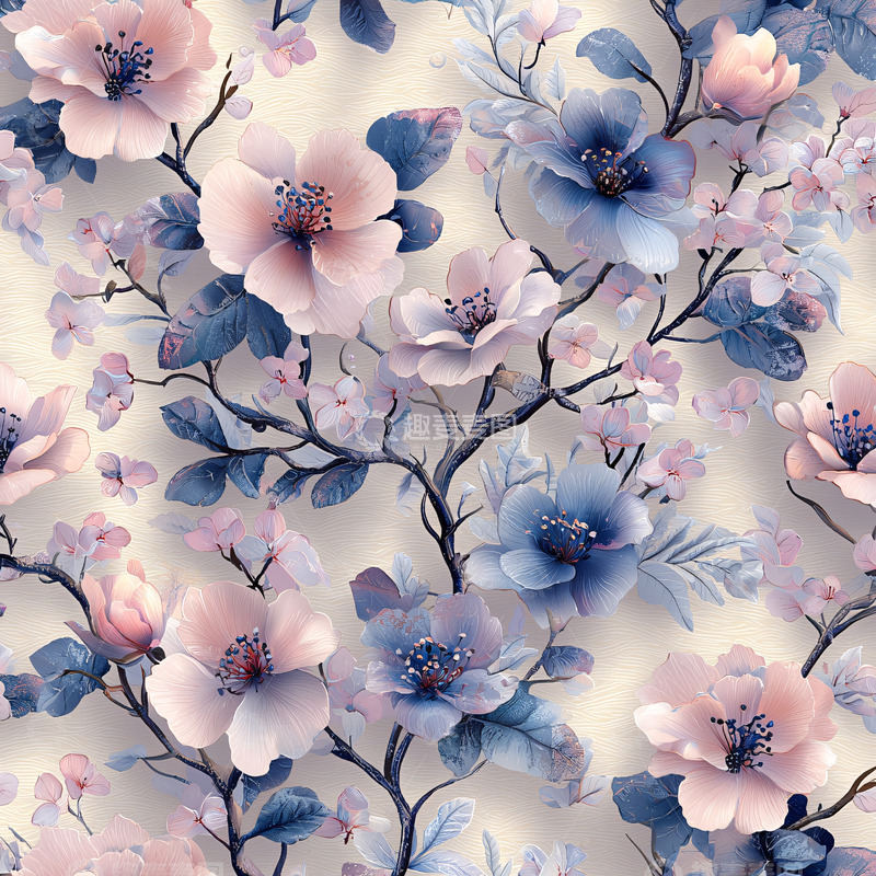 高清大图下载【趣麦麦图】淡粉蓝花朵交织的精致图案