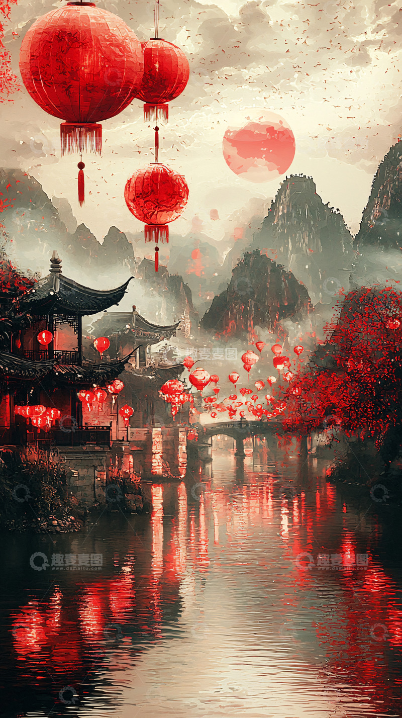 高清大图下载【趣麦麦图】红灯笼古镇水墨画