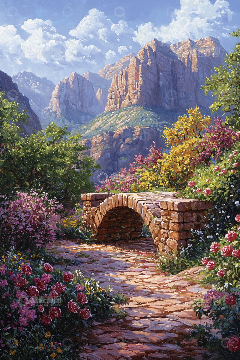 高清大图下载【趣麦麦图】美丽的山谷石桥鲜花盛开