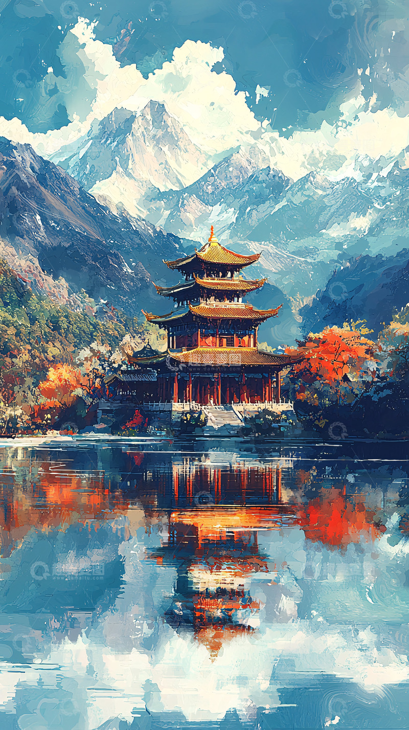 高清大图下载【趣麦麦图】水面倒影的古风宝塔