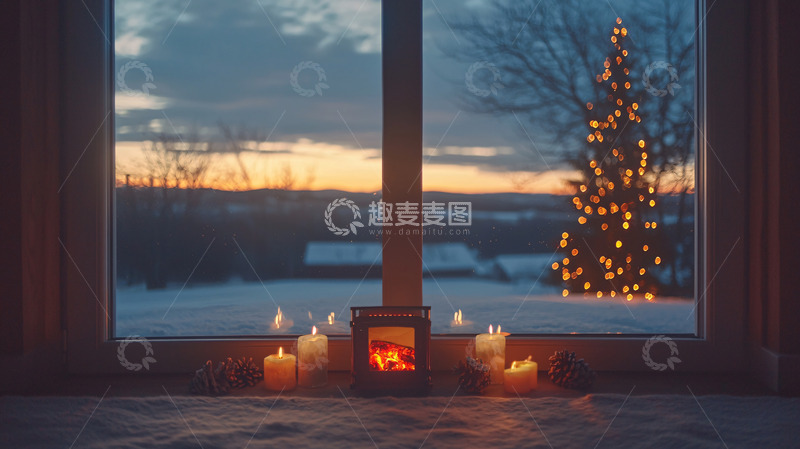高清大图下载【趣麦麦图】冬日窗景烛光圣诞树