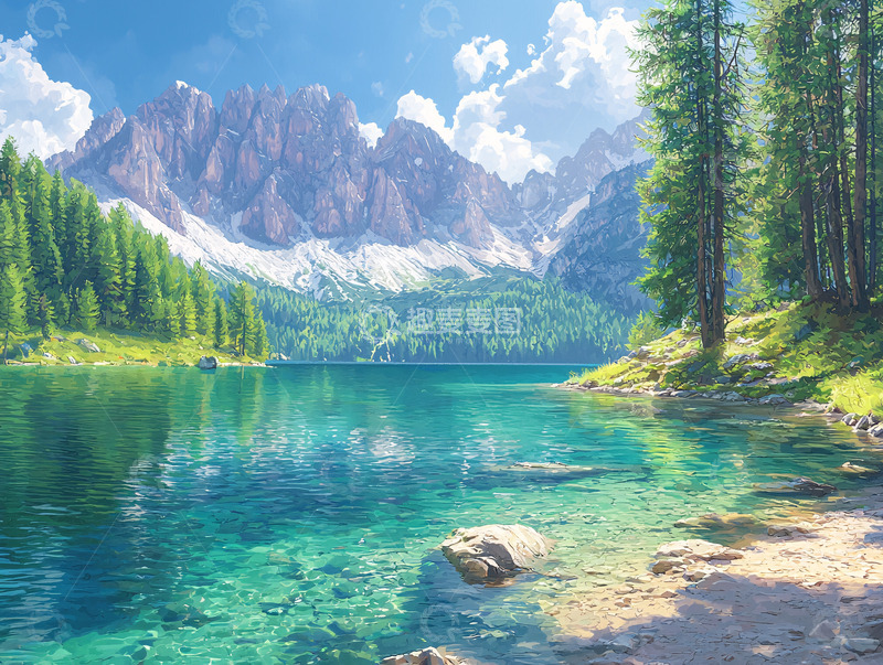 高清大图下载【趣麦麦图】阳光下的阿尔卑斯山湖泊