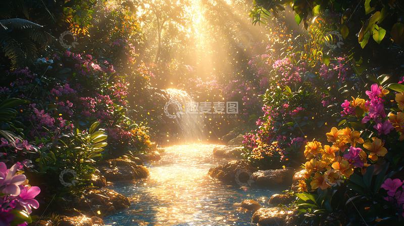 高清大图下载【趣麦麦图】阳光森林瀑布溪流