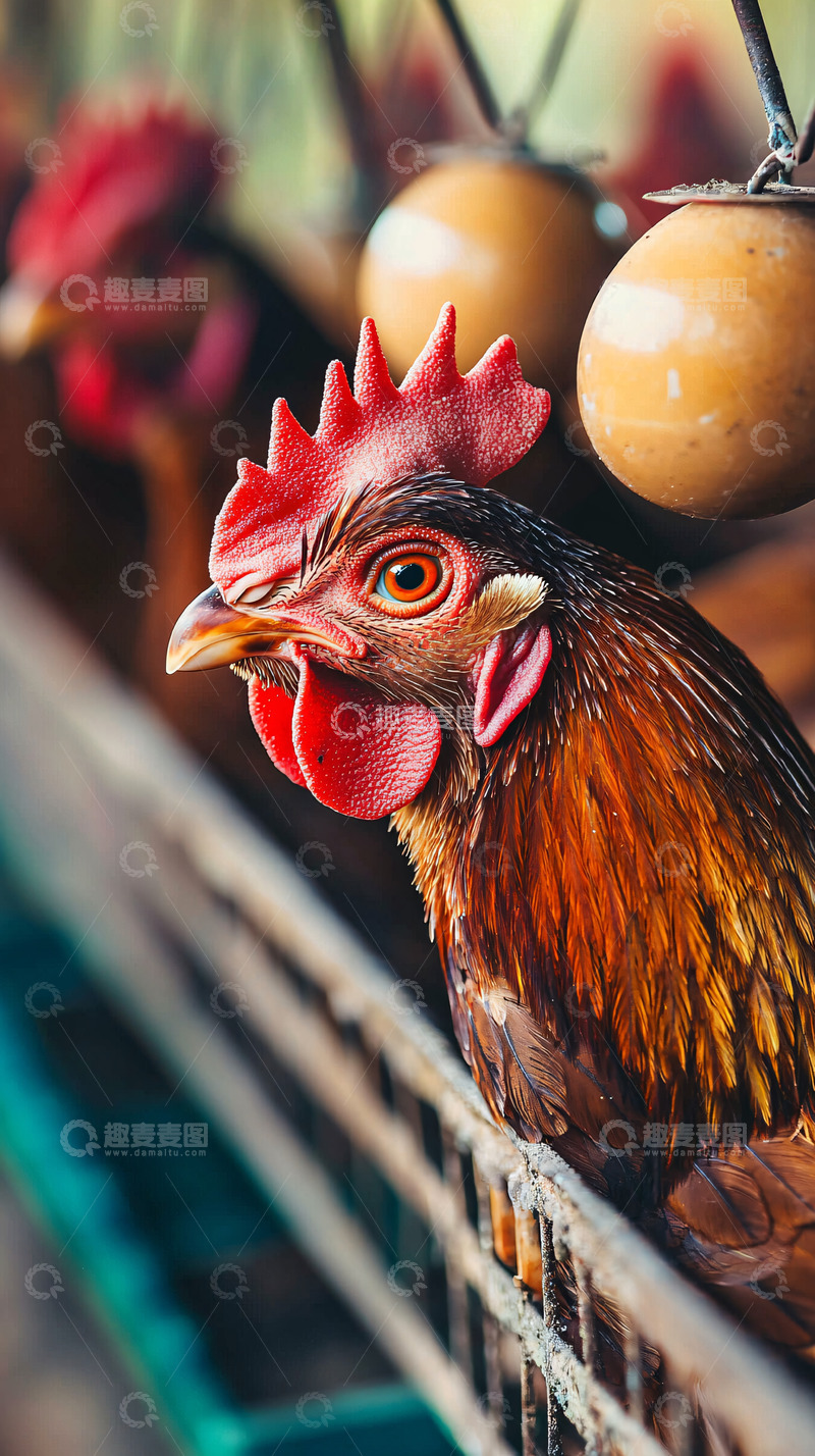 高清大图下载【趣麦麦图】笼中红棕色母鸡产蛋