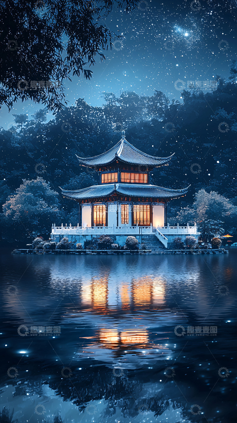 高清大图下载【趣麦麦图】夜空下的中国风亭台楼阁