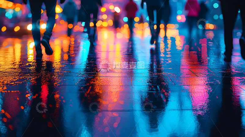 高清大图下载【趣麦麦图】城市夜景雨后路面人影
