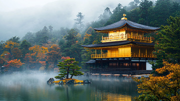 金阁寺在湖中雾气蒙蒙