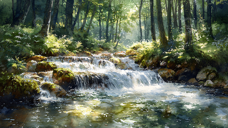 高清大图下载【趣麦麦图】阳光森林溪流瀑布
