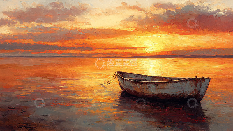 高清大图下载【趣麦麦图】日落海景独木舟