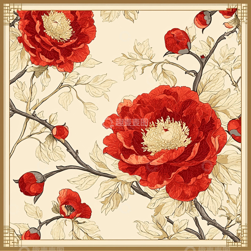 高清大图下载【趣麦麦图】红色牡丹花和米色叶子