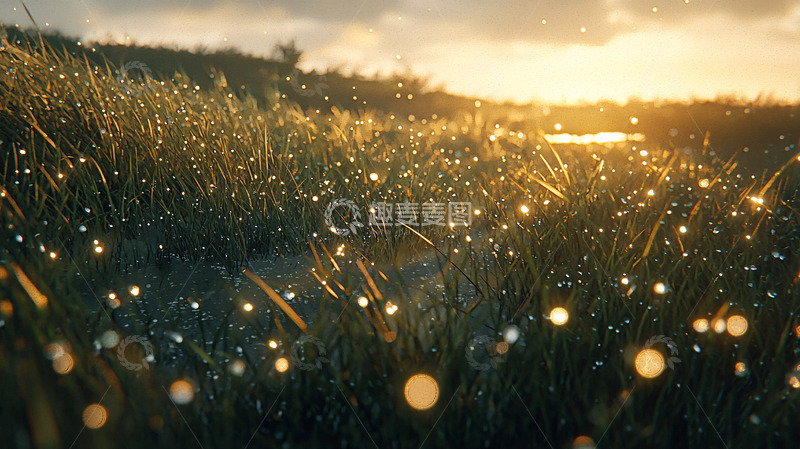 高清大图下载【趣麦麦图】清晨阳光下的露珠草地