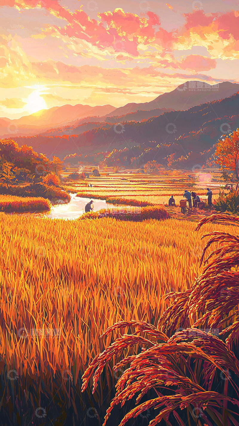 高清大图下载【趣麦麦图】夕阳下金黄稻田