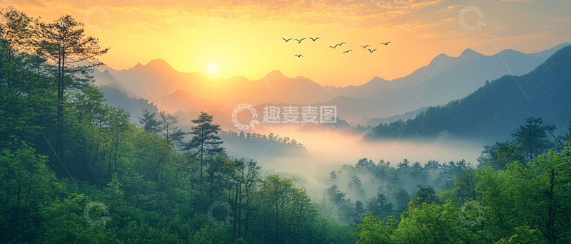 高清大图下载【趣麦麦图】山间日出云雾缭绕